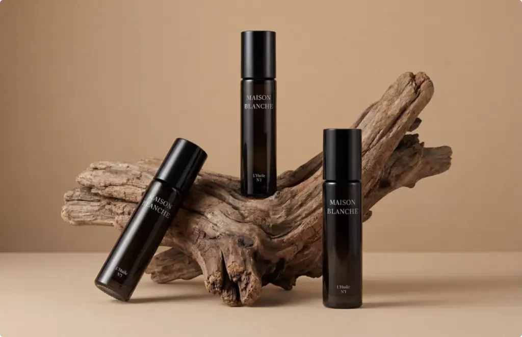 Three dark glass bottles on wood Product modeling skincare packaging display