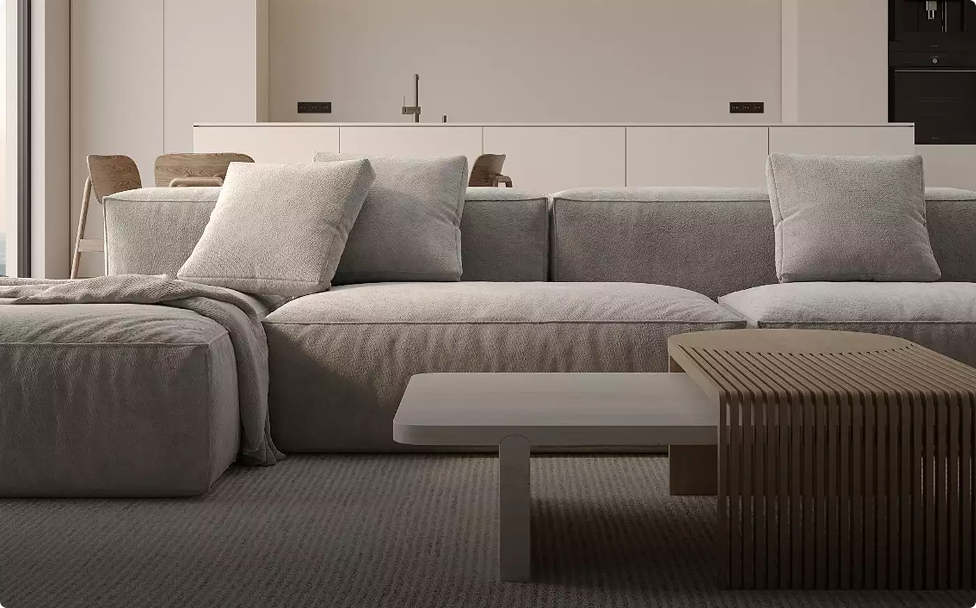 Beige sofa and tables in living room Product modeling interior furniture setup