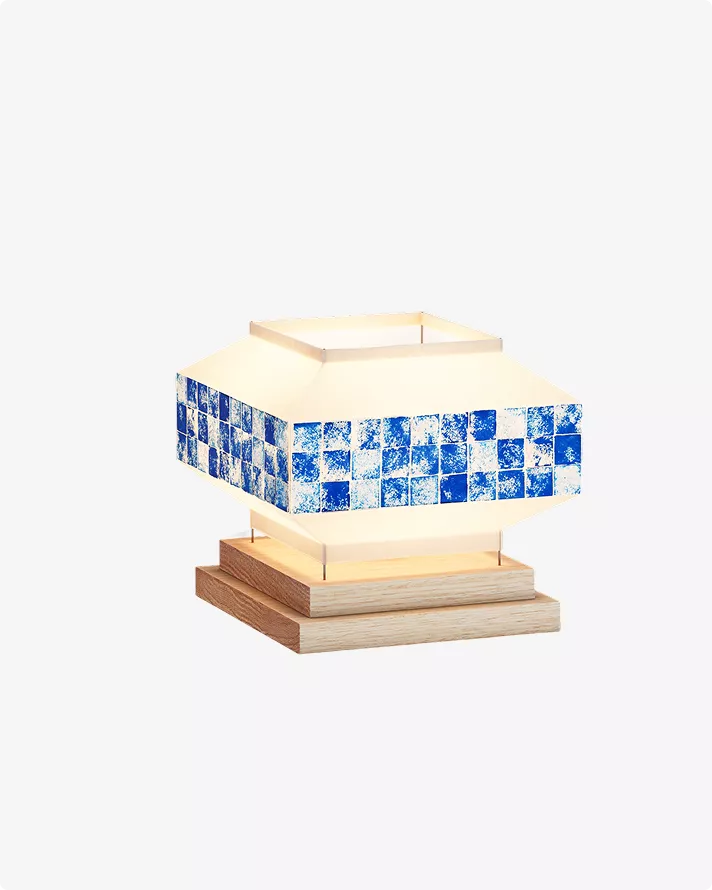 Geometric table lamp with blue tiles Product modeling lighting design