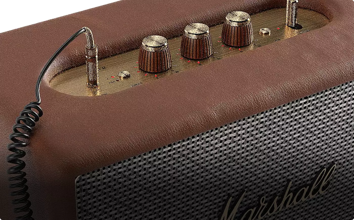 Vintage style speaker with knobs Product modeling audio equipment close-up