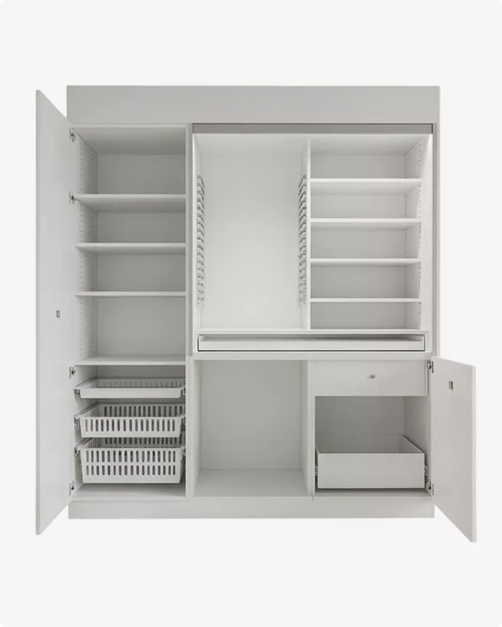 White wardrobe with shelves and drawers Product modeling storage layout