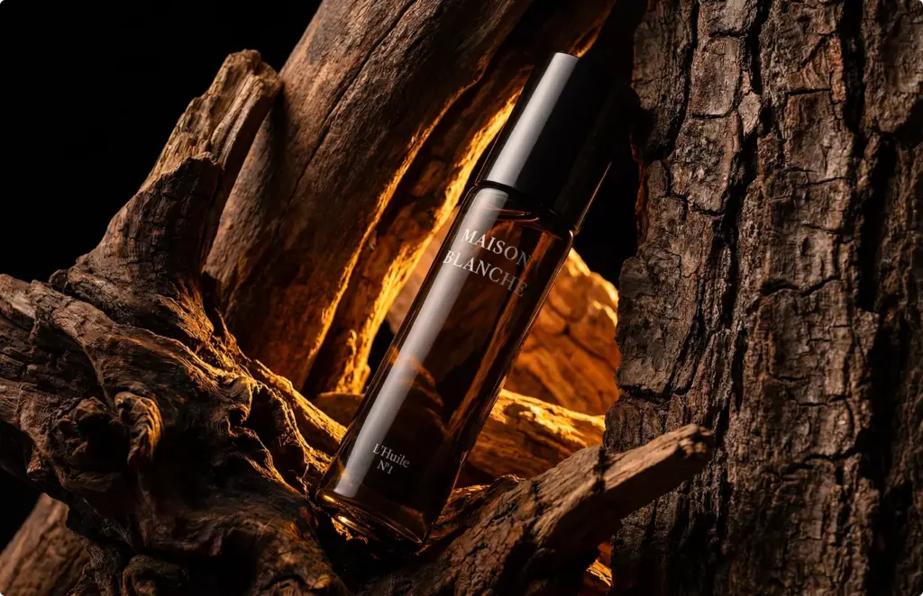 Amber glass bottle among charred wood with warm glow, product rendering dramatic lighting