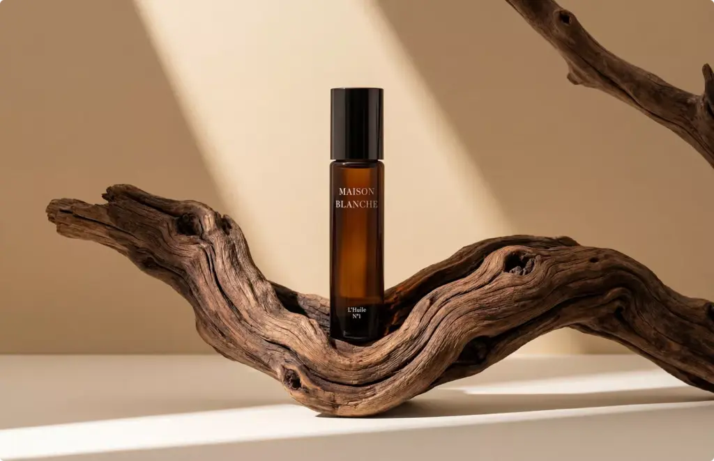 Amber glass bottle on driftwood in warm studio light, product rendering natural aesthetic