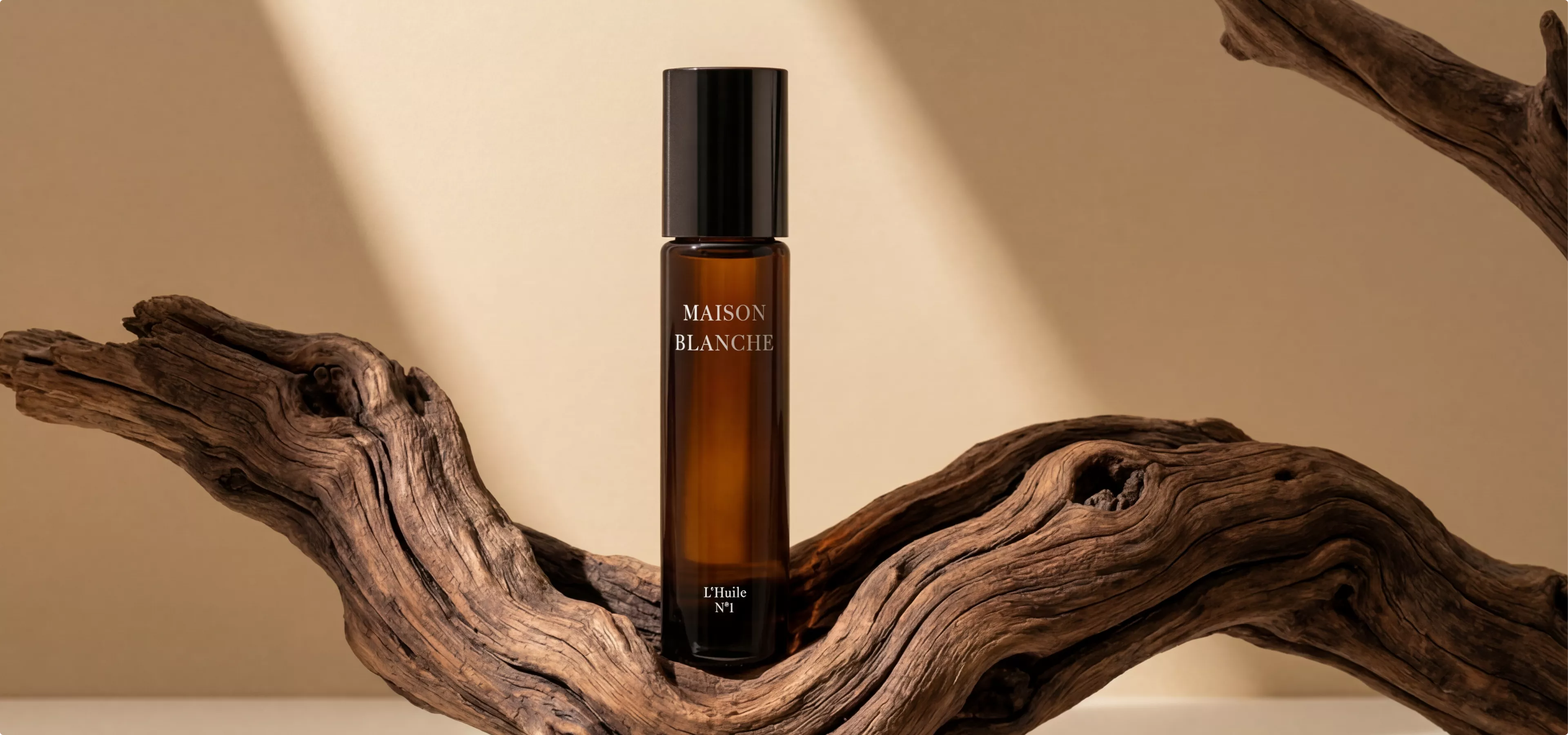 Amber glass bottle on twisted wood against beige backdrop, product rendering with warm light