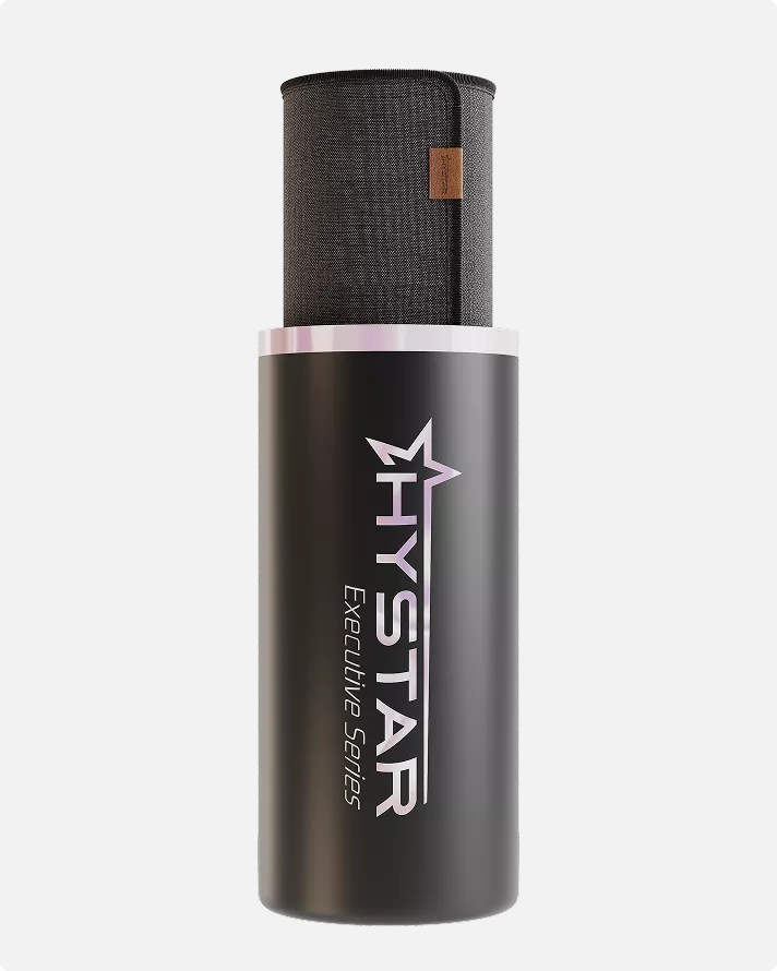 Cylindrical speaker device on dark background, product rendering with soft highlight