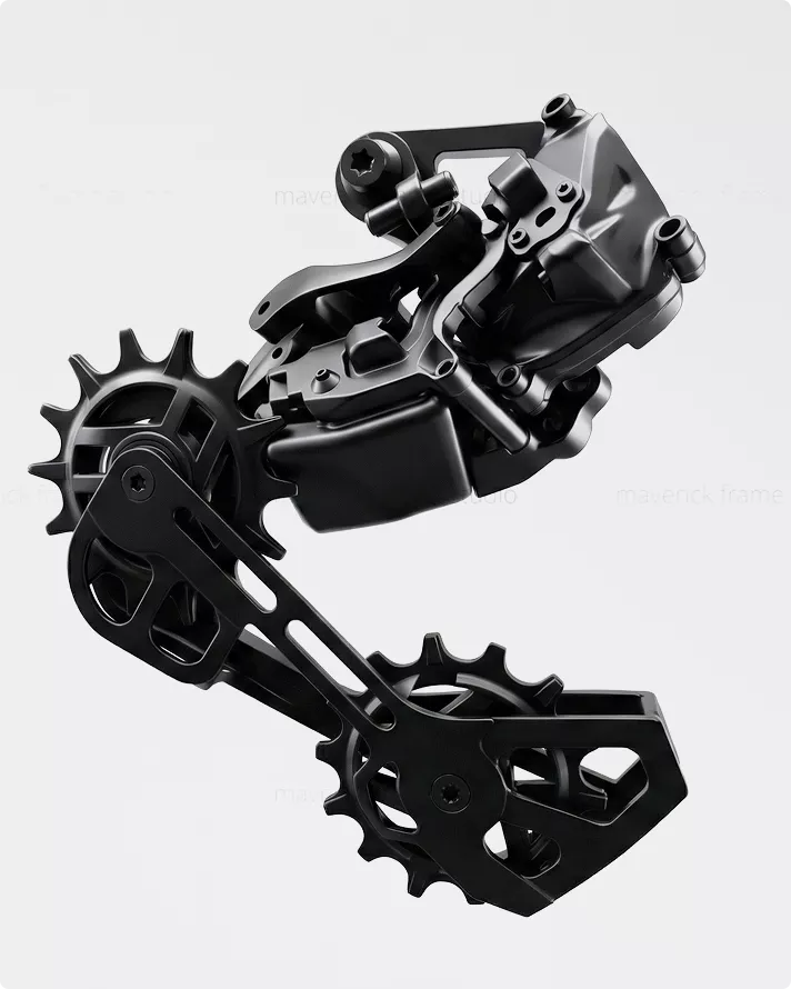 Black bicycle derailleur component on white background, product rendering with sharp detail