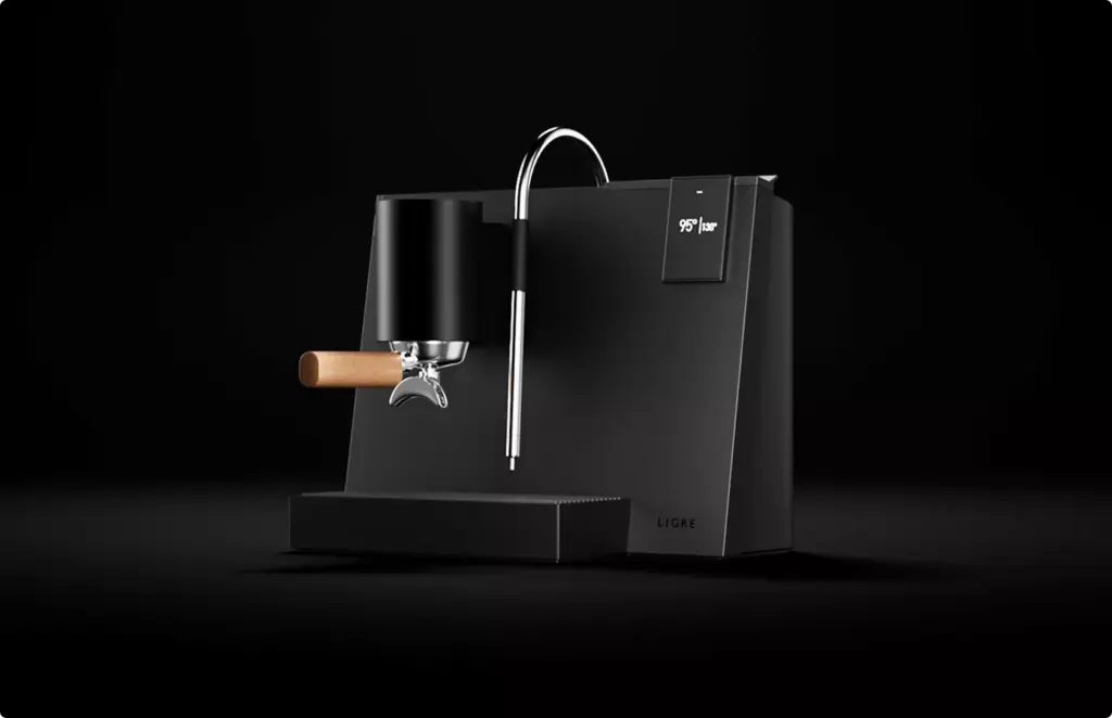 Modern espresso machine with steam wand and portafilter, product rendering on dark background