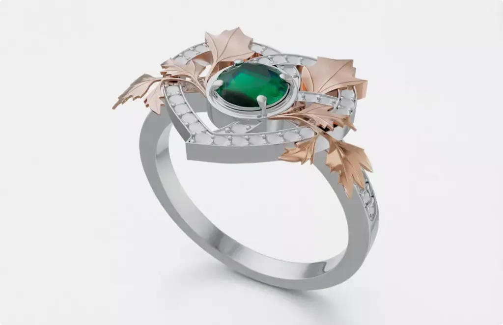 Elegant ring with green gemstone and leaf design, product rendering on white background