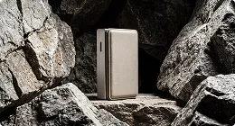 Metal device placed among rough rocks in studio, product rendering with dramatic contrast