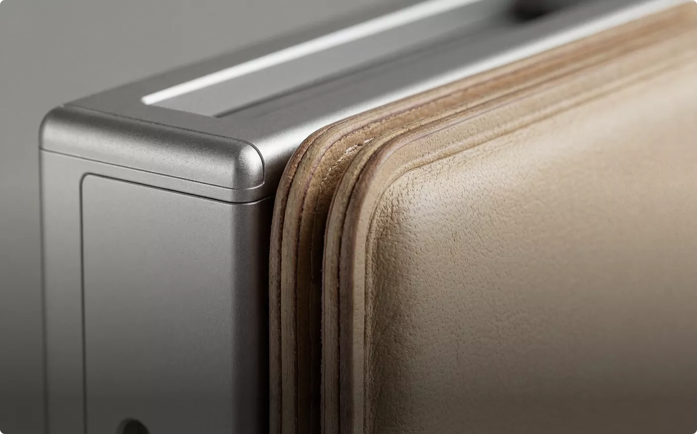 Close-up of metal and leather materials meeting, product rendering detail texture shot