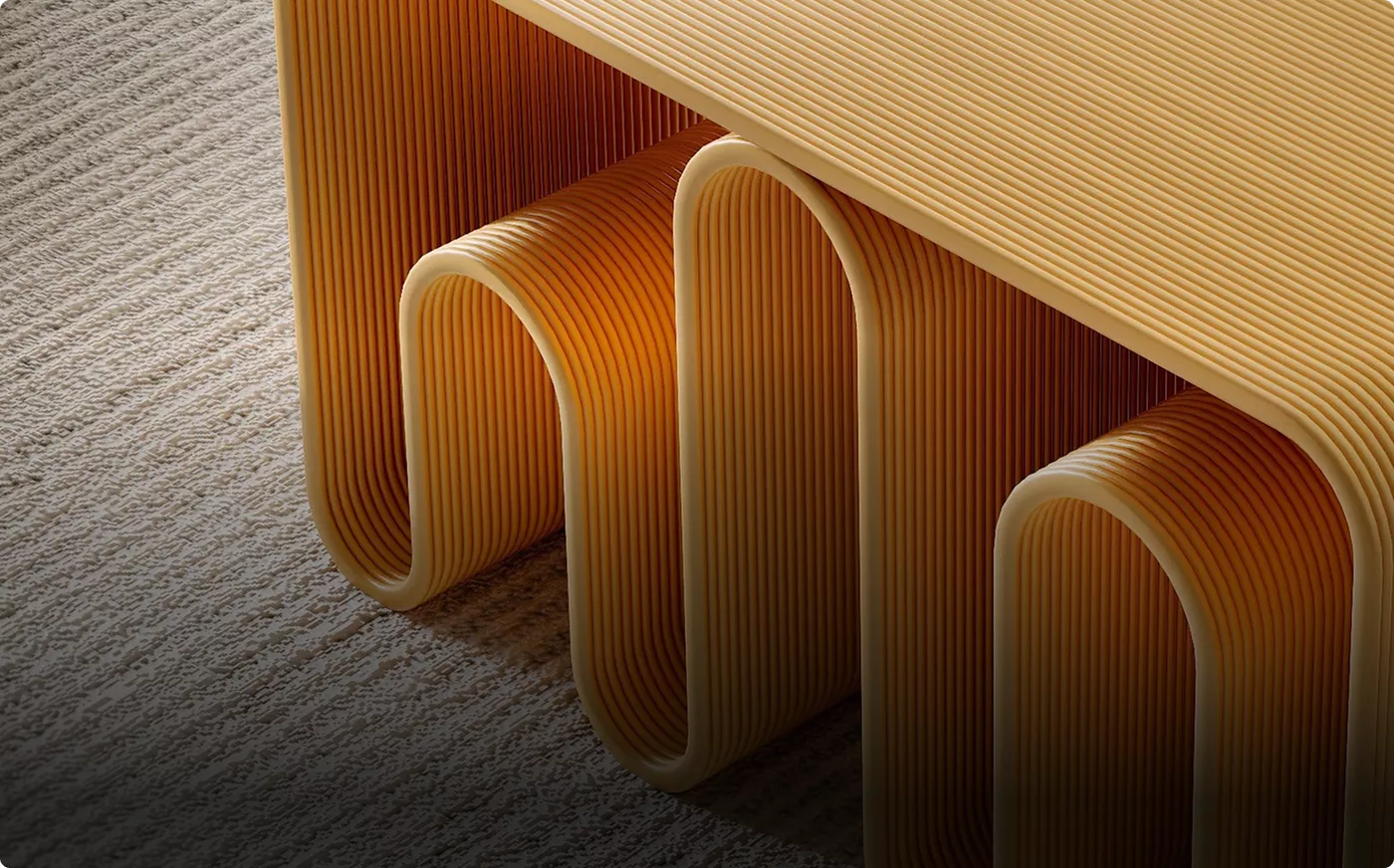 Close view of sculptural ribbed table legs in interior, product rendering with warm tones