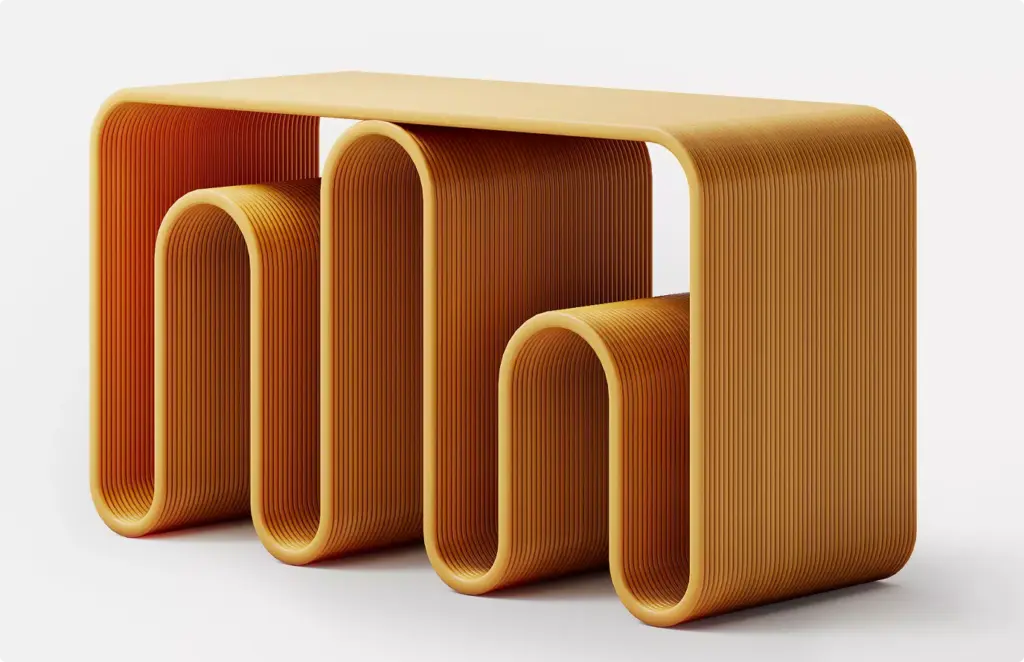 Sculptural ribbed table with curved legs on white background, product rendering minimal design
