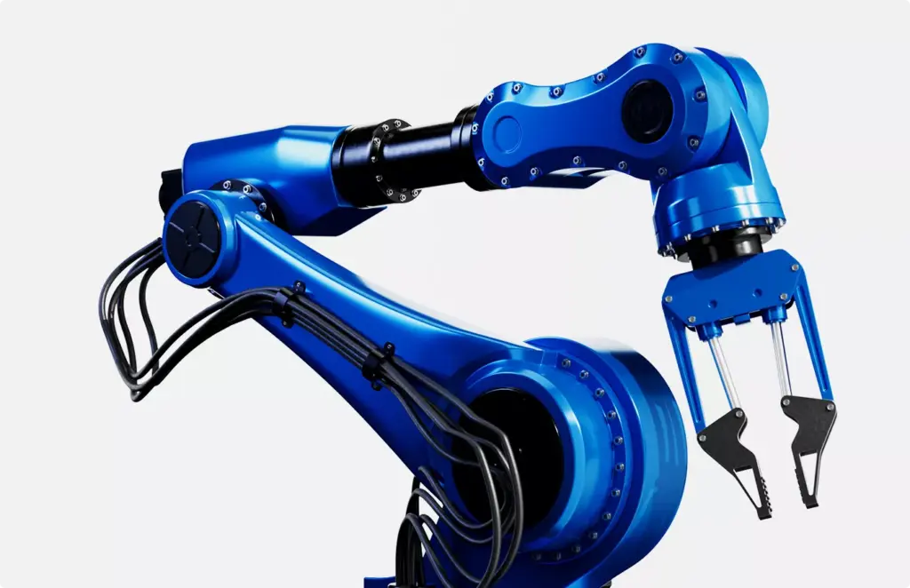 Blue robotic arm with gripper on white background, product rendering with glossy finish