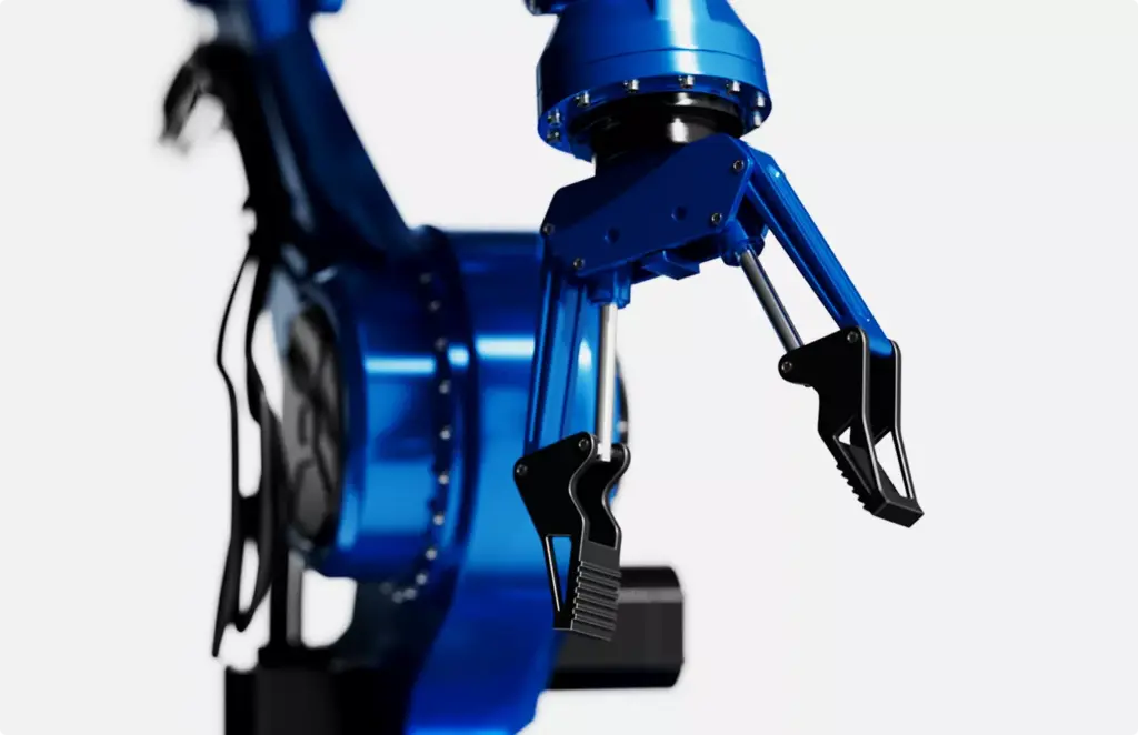 Detailed robotic arm claw mechanism in studio, product rendering with shallow depth