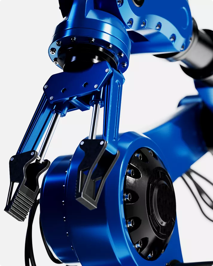 Close-up of robotic arm gripper and joints, product rendering with metallic blue detail