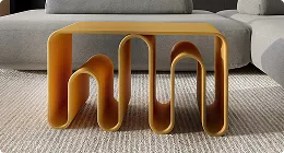 Modern sculptural wooden table in living room setting, product rendering with soft light