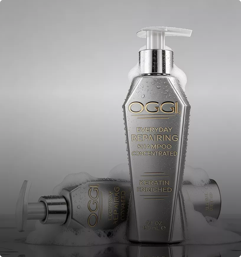 Shampoo bottle with foam and water droplets, product rendering in clean studio setup