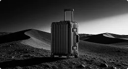 Hard shell suitcase on dark desert landscape, product rendering with high contrast lighting