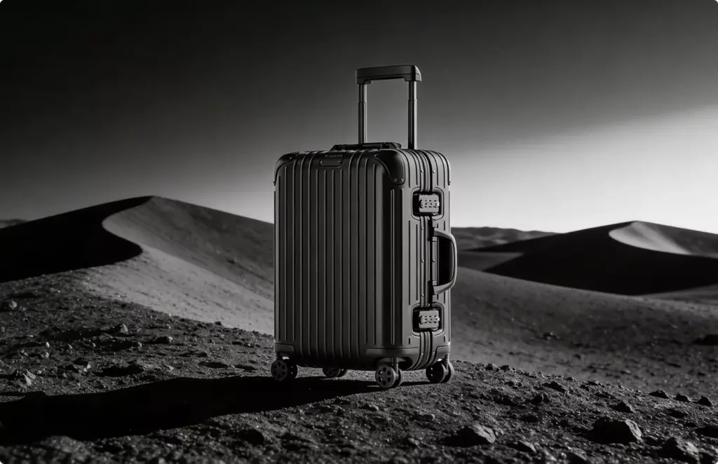 Black suitcase on dark terrain landscape, product rendering with high contrast scene