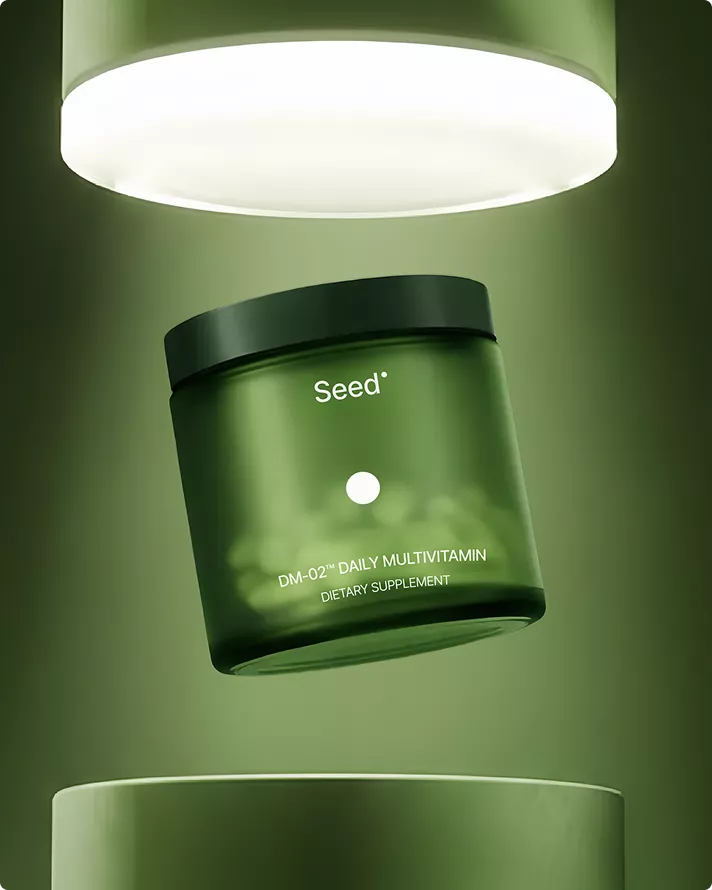 Green supplement jar floating between platforms, product rendering with soft lighting
