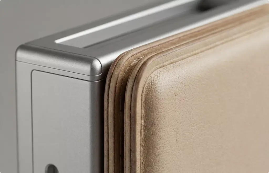 Close-up of wallet edge with metal frame and leather texture, product rendering detail