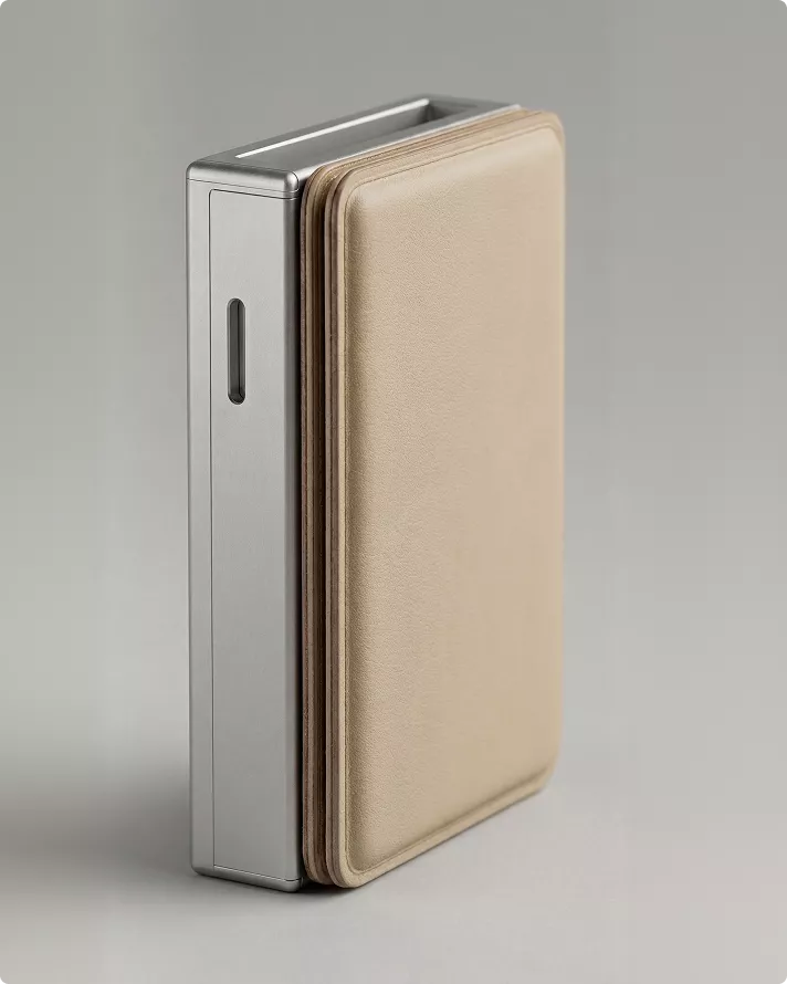 Slim wallet with metal casing and leather cover, product rendering on neutral background