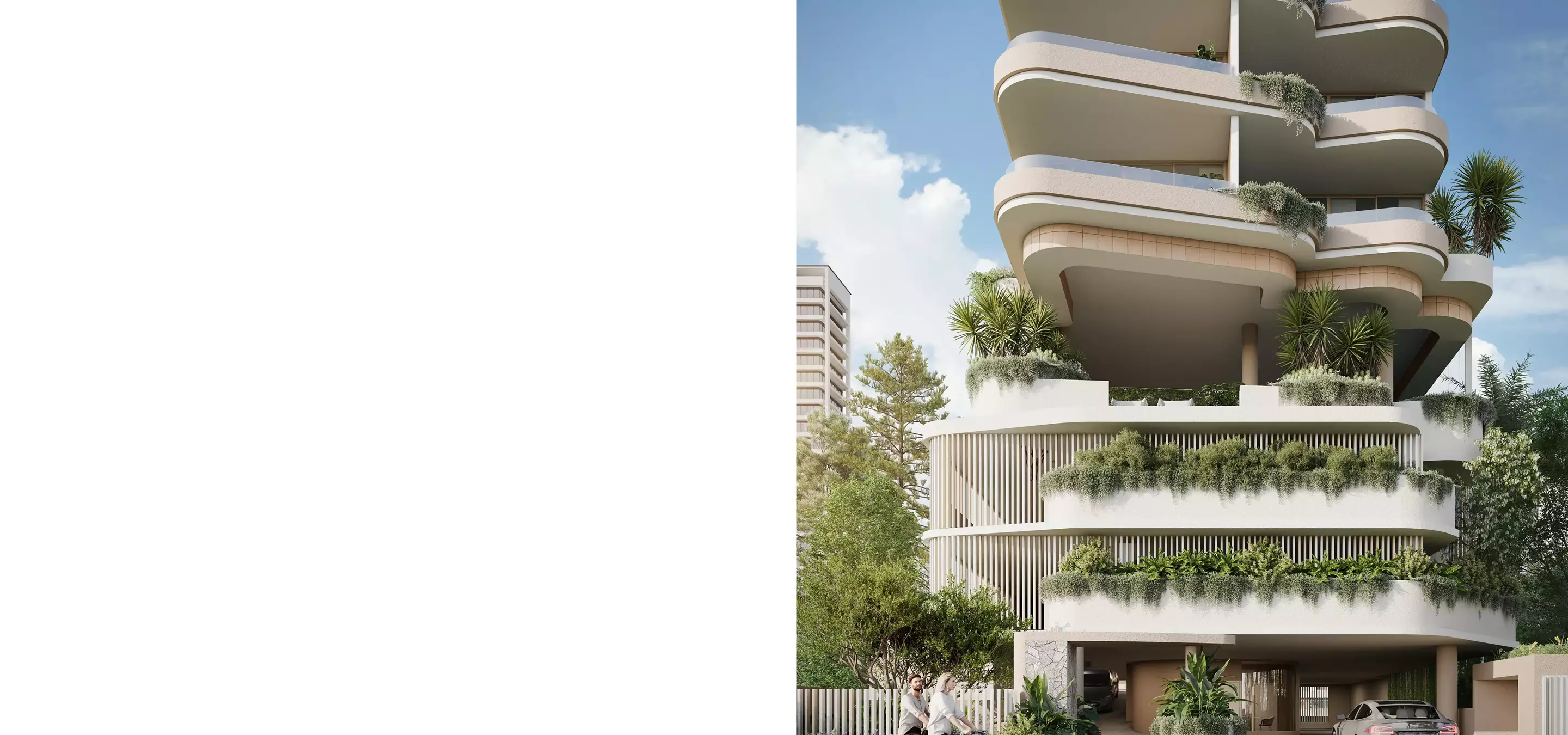 Luxury condo rendering in Miami showing a modern residential tower with curved balconies and tropical greenery