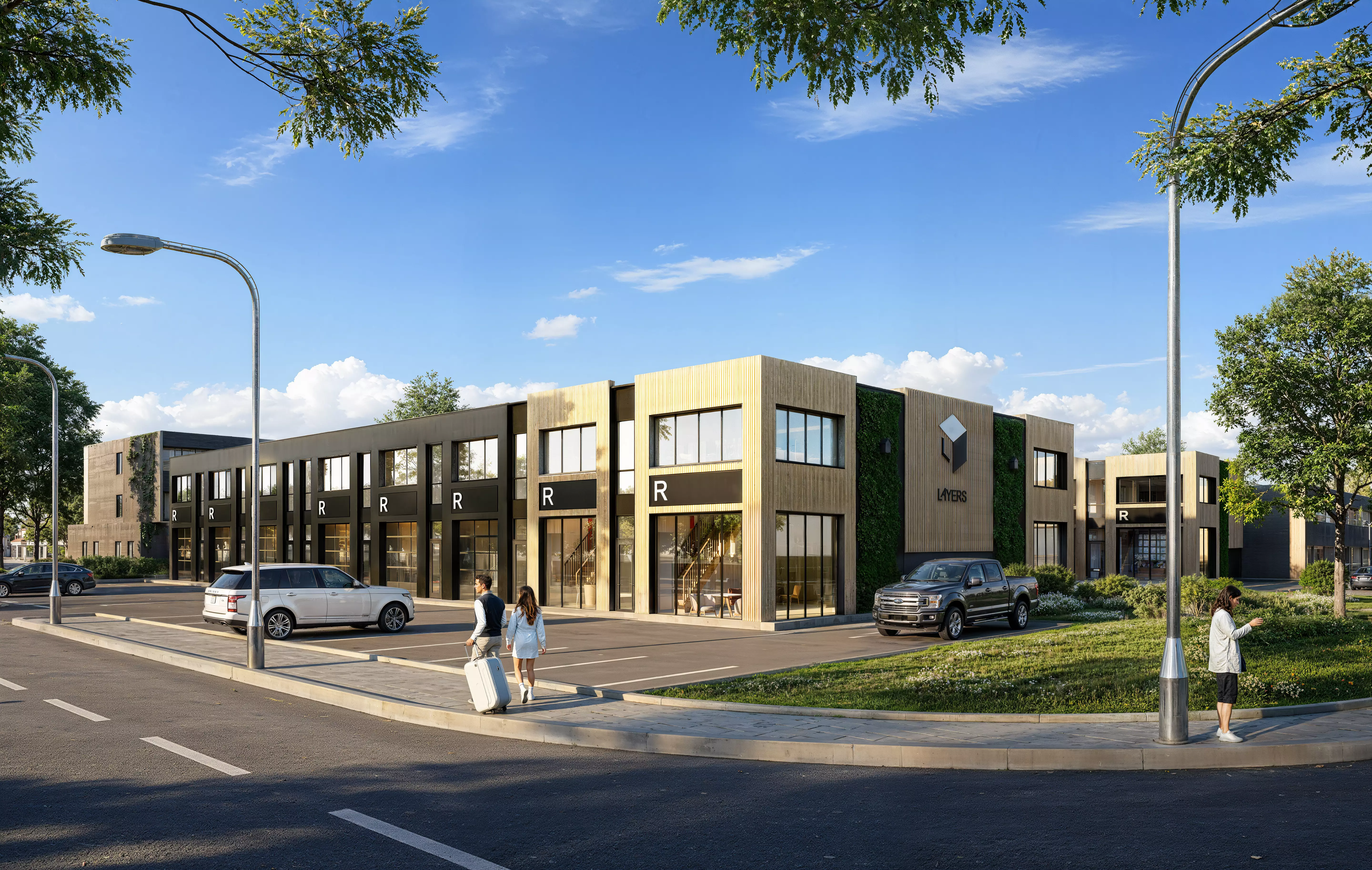 Retail plaza with parking lot, 3D rendering company USA, cars, glass storefronts and street