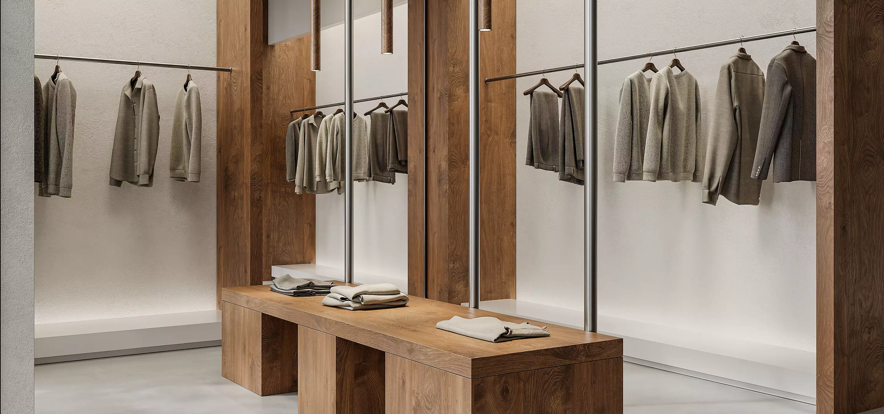 Retail store 3D rendering with wooden display table, hanging neutral clothing, and minimalist interior
