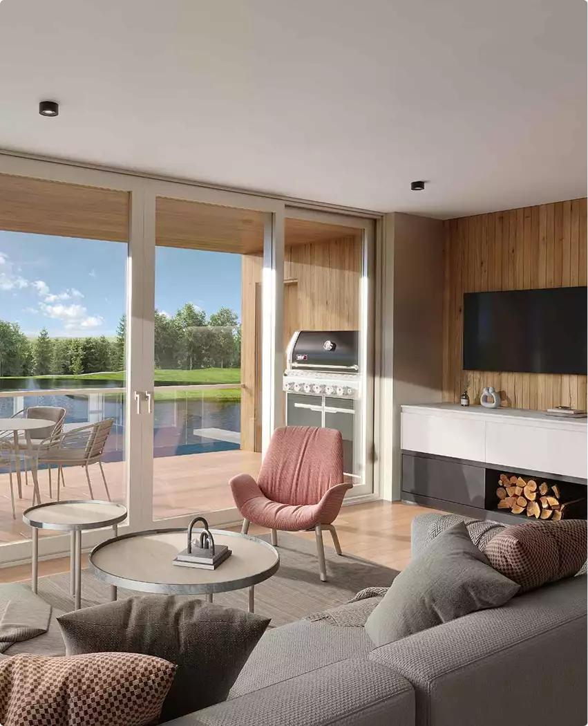 Retreat house design concept living area with lounge chair, stove, tv wall, and terrace grill view