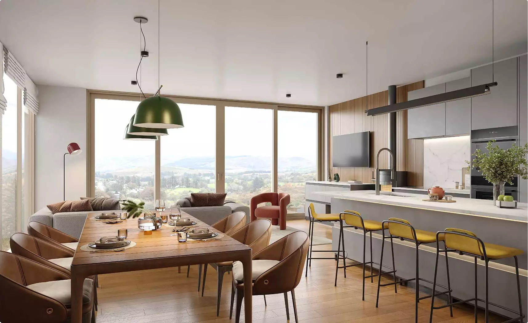 Retreat house design concept open interior with dining table, kitchen island, and panoramic valley view