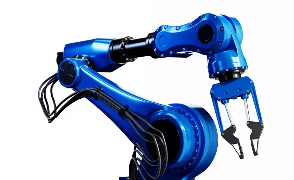Robotic arm 3D rendering of blue industrial robot on plain background with visible joints and cables