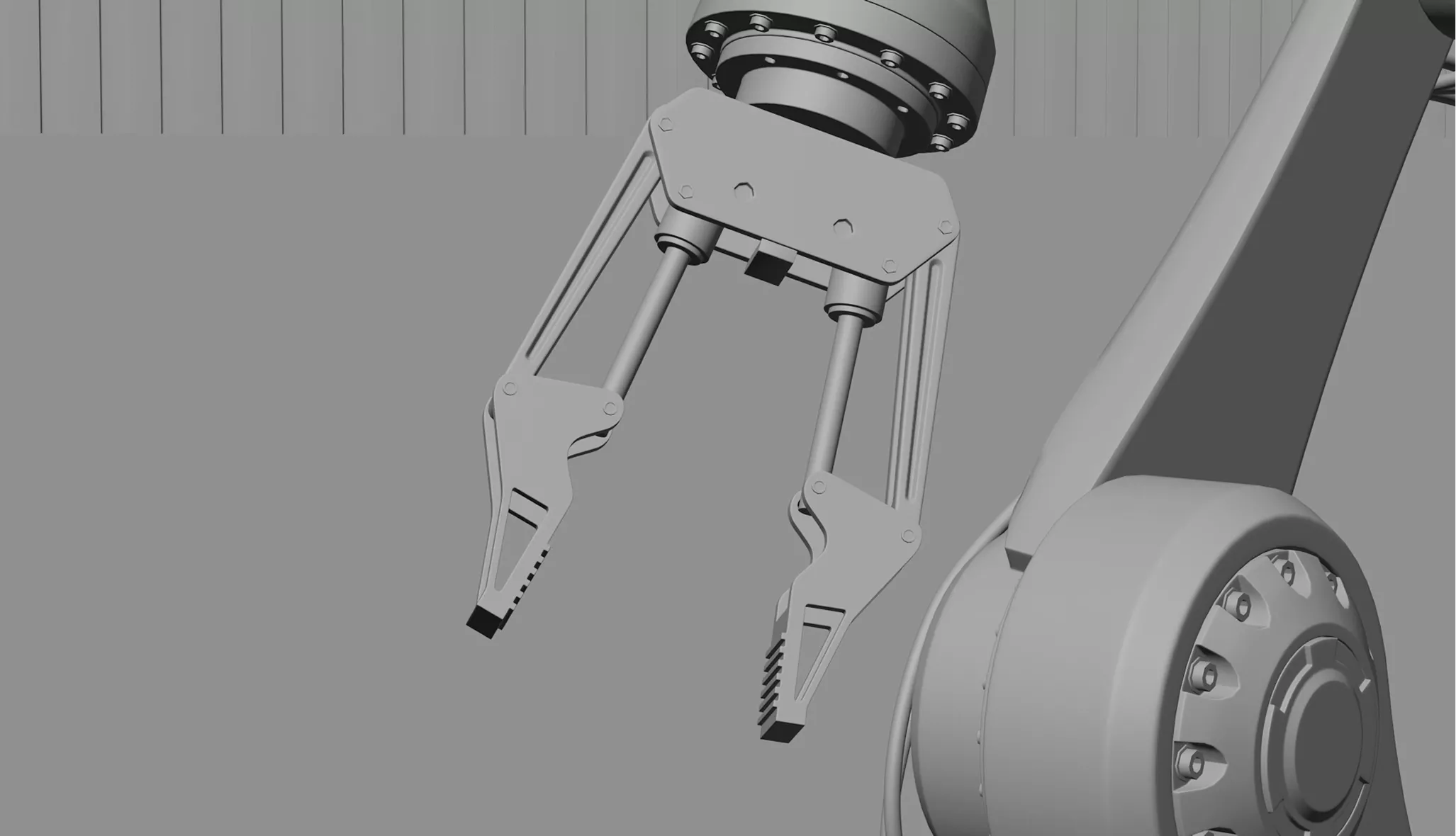 Robotic Arm 3D Rendering of automated blue robotic arms on a smart factory assembly line