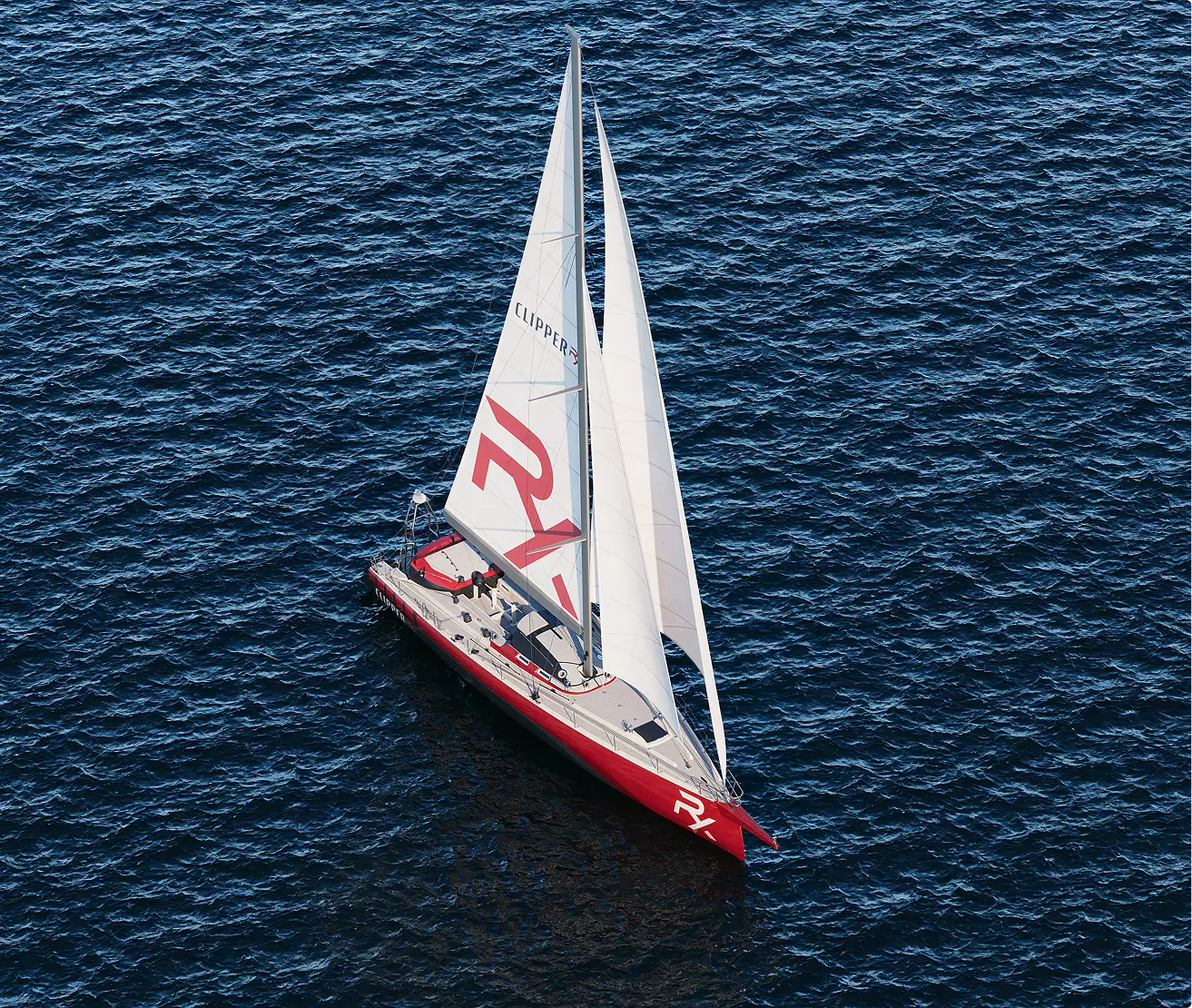 Sailboat 3d rendering aerial view of red and white sailboat on deep blue water