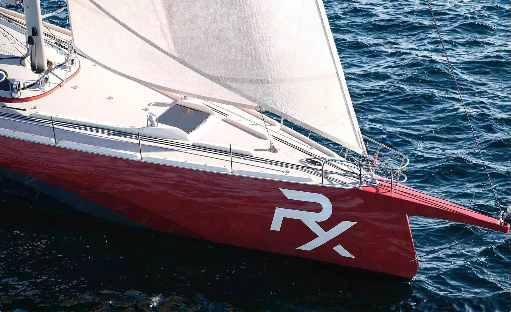 Sailboat 3d rendering of red hull bow with white sail on blue ocean water, deck details visible