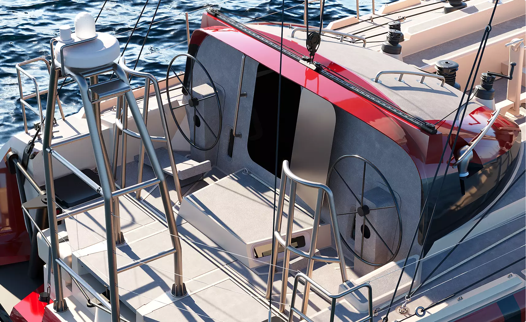 Sailing yacht CGI deck detail with steering wheels, railings and cabin structure in sunlight