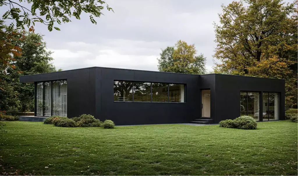Corner view of single family home rendering with flat roof, large windows and green yard