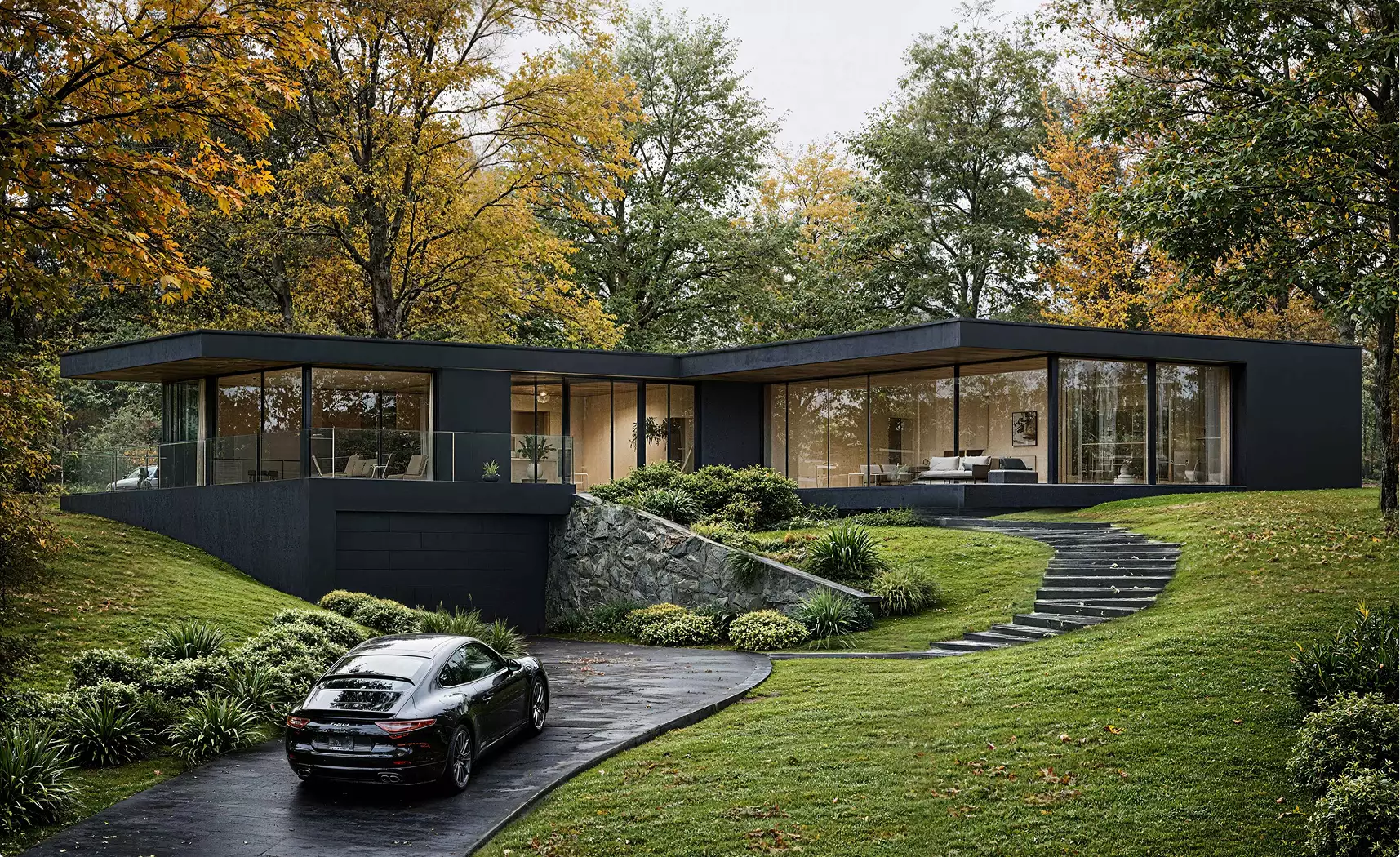 Single family home rendering with driveway, parked car, glass walls and landscaped slope