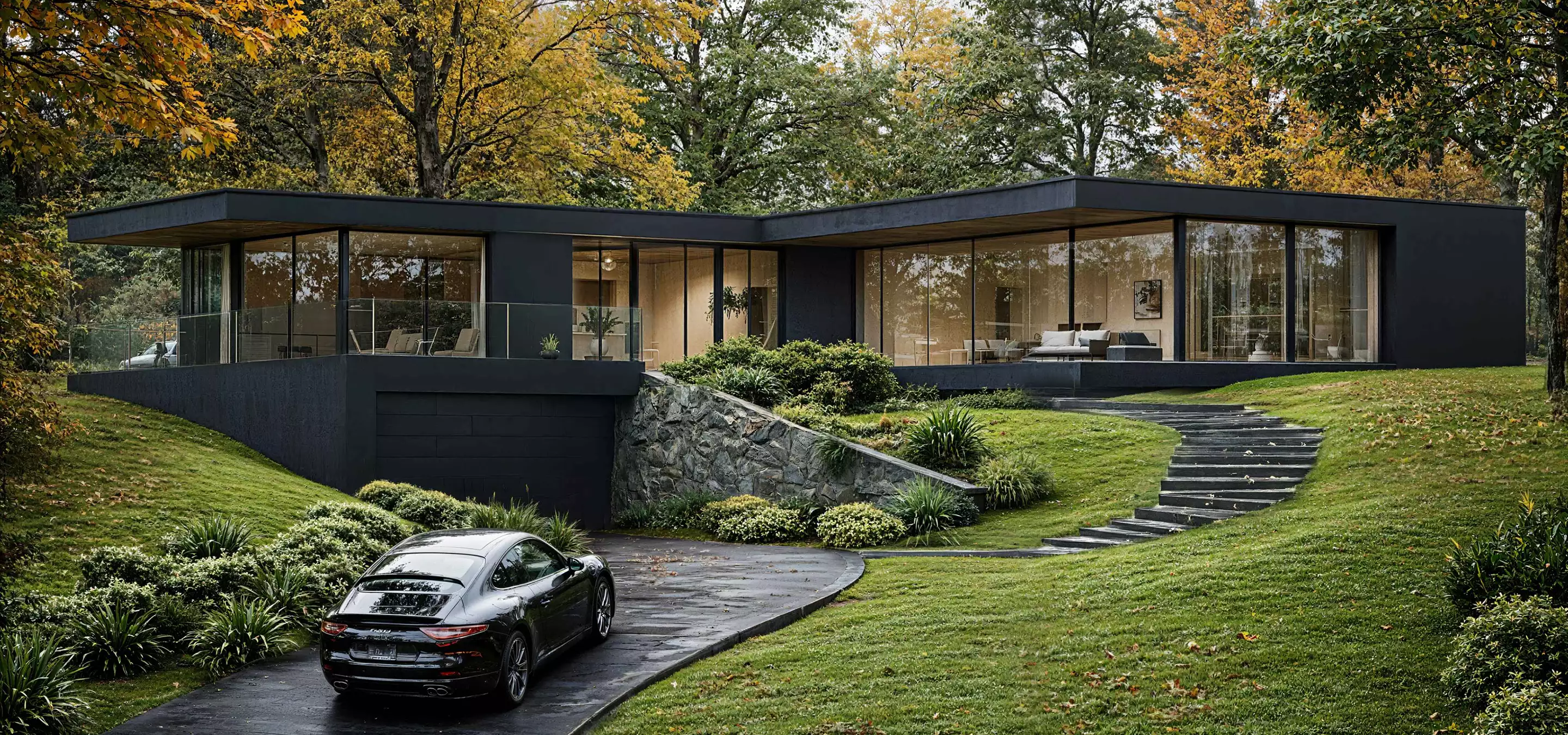 Wide single family home rendering with driveway, car and tiered steps on grassy hillside