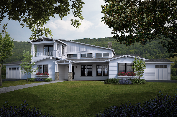 White suburban house exterior, 3D rendering company USA, lawn, garage and front porch