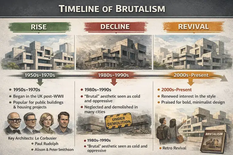 timeline of Brutalism showing rise decline and revival in architecture