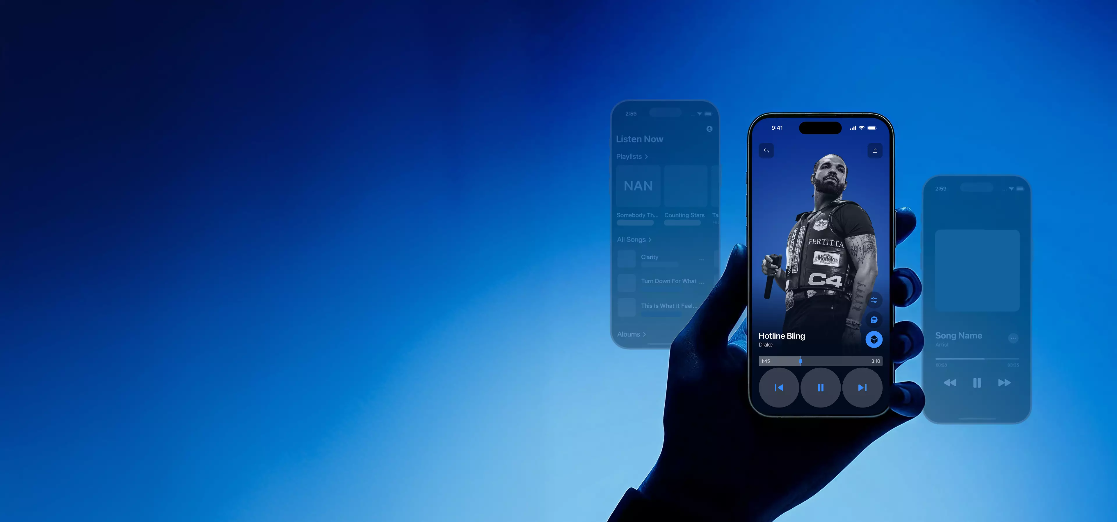 Ui ux design music player app on smartphone in hand against blue background with layered screens