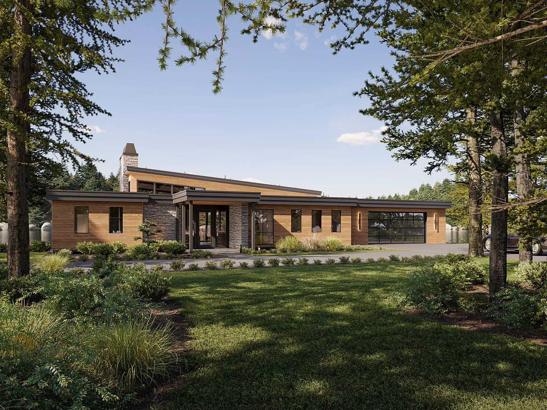 Modern wood house in forest, 3D rendering company USA, lawn, trees and driveway