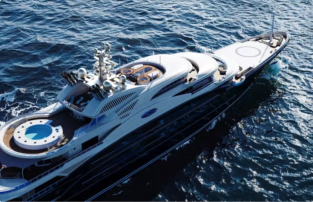 Aerial yacht rendering top view showing deck layout pool area and curved superstructure