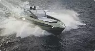 Aerial yacht rendering moving across deep blue water with clean deck layout