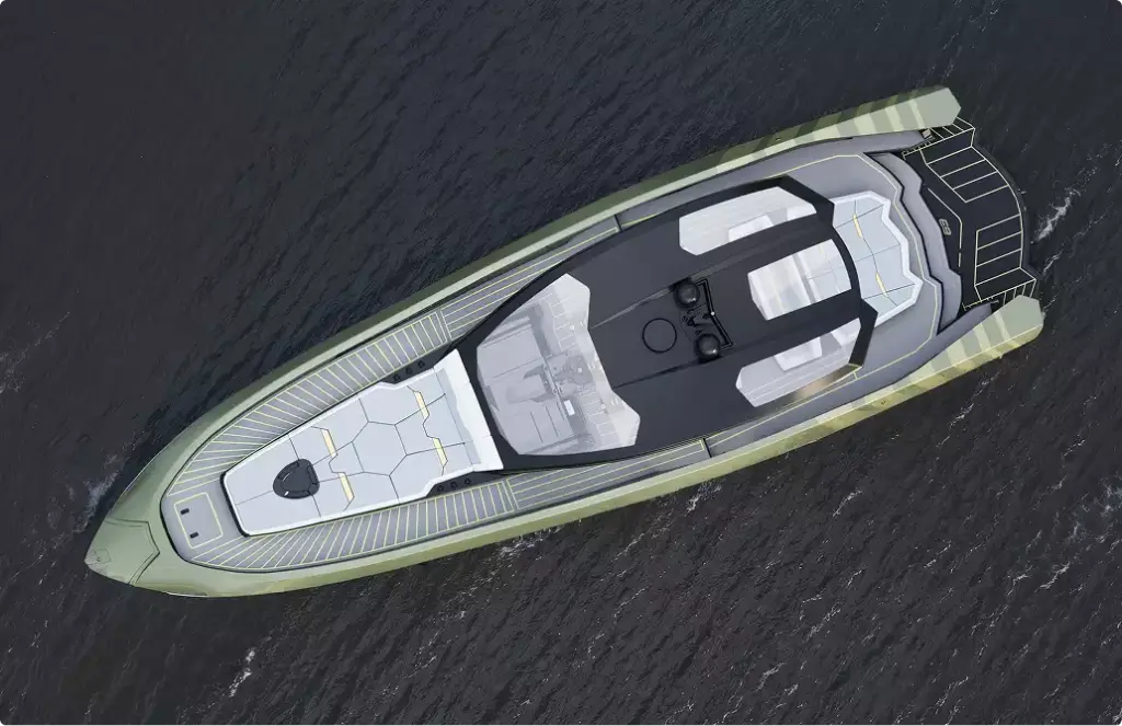 Aerial yacht rendering top view showing deck layout seating areas and streamlined hull