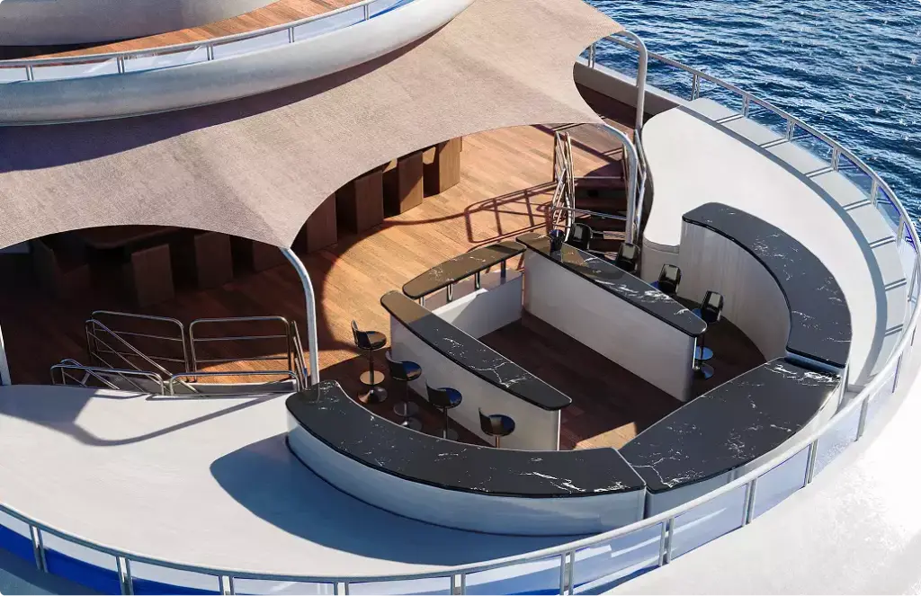 Yacht bar deck rendering with curved counter stools canopy shade and ocean surrounding