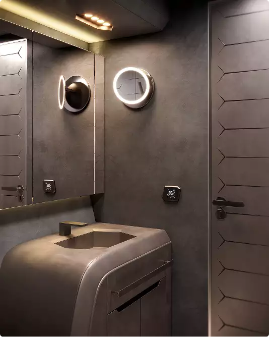 Yacht bathroom rendering with modern sink mirror and round wall lights in minimal interior