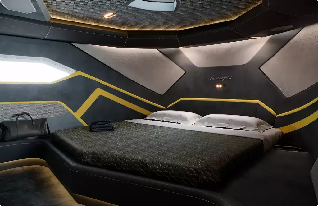 Yacht bedroom rendering with large bed geometric wall panels and ambient lighting design