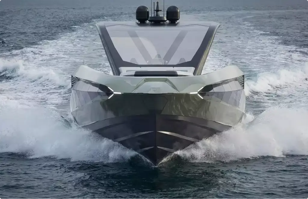 Modern yacht rendering front view cutting through water with angular bow and spray